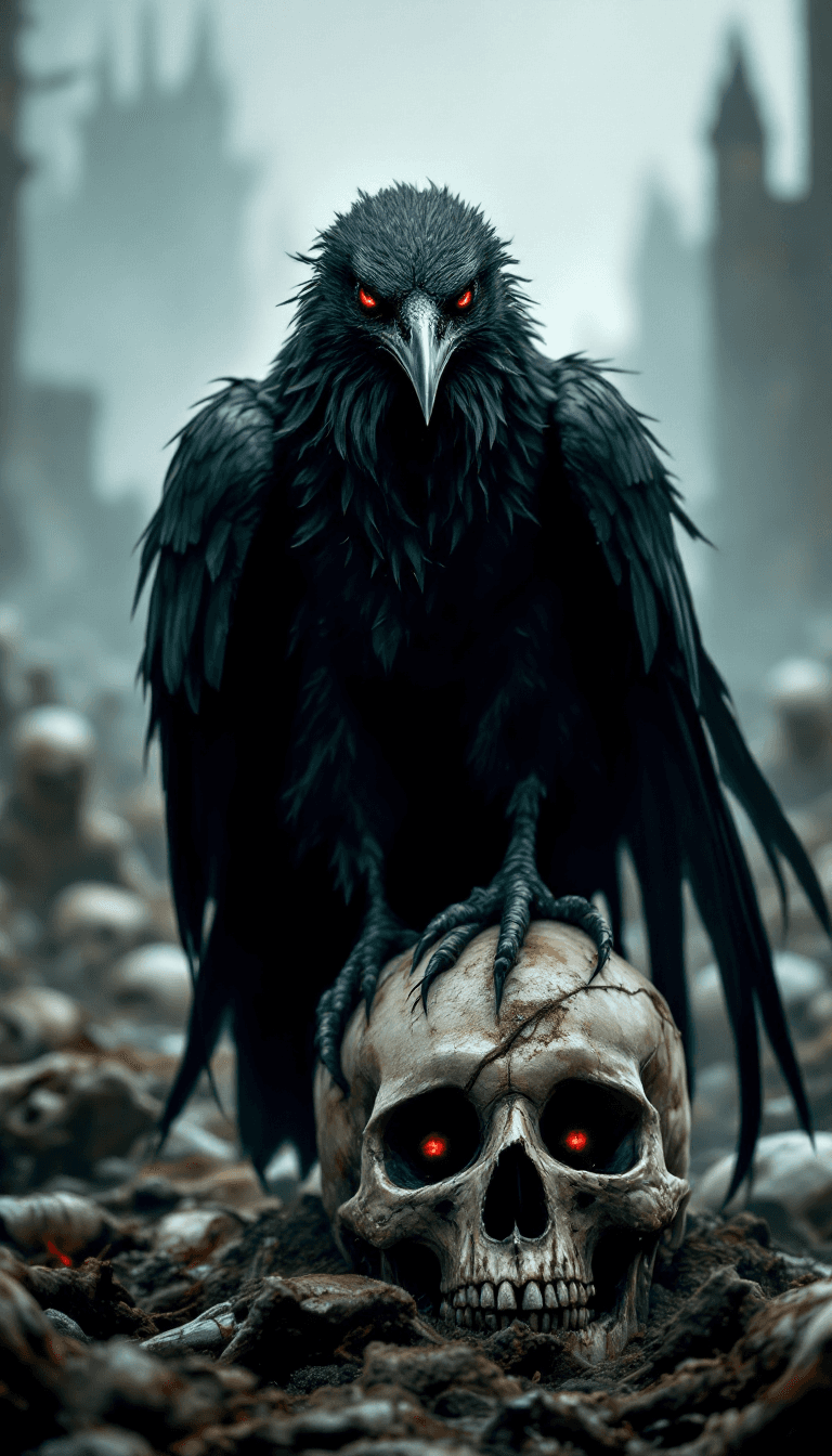 AI generated: A black raven with 6 red eyes looking at  viewer, standing  on skull, black feather, on  medieval ba...