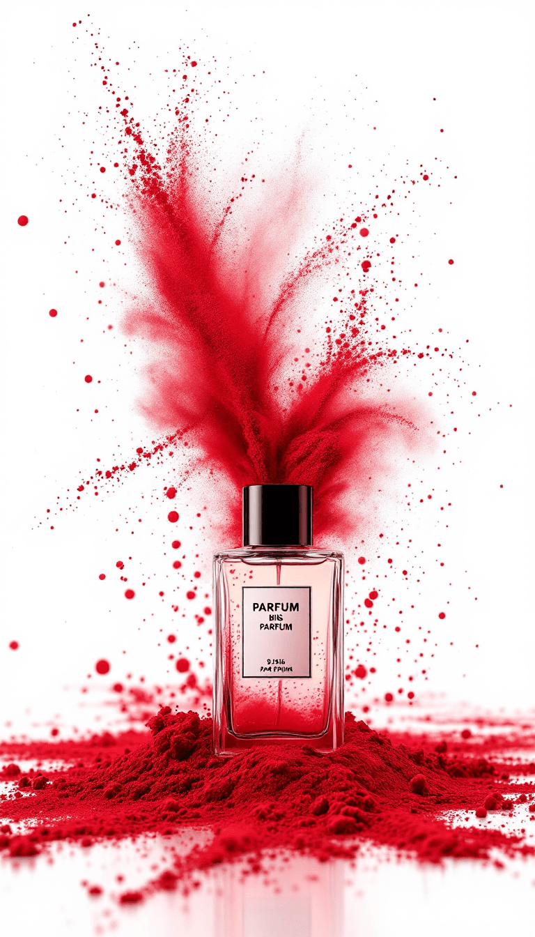 AI generated: a photo of 3 big parfums with a dark red powder explosion on a milk white background --ar 9:16--styl...