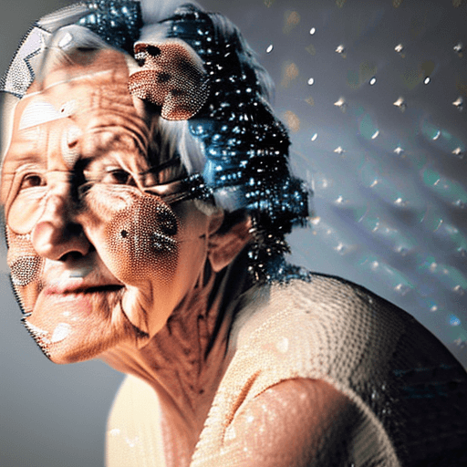 AI generated: a old woman with freckled skin is photographing her face, in the style of dmitry kustanovich, delica...