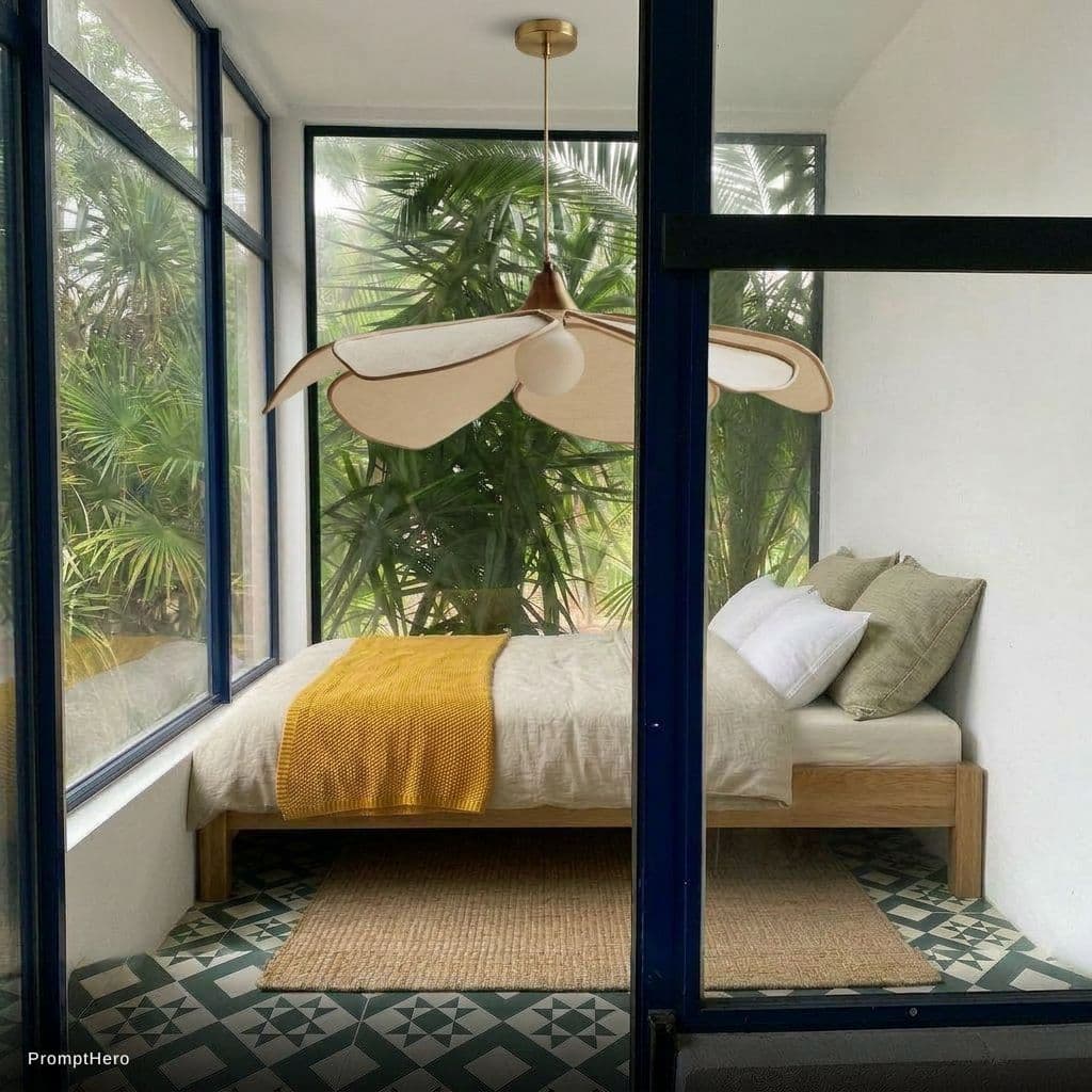 AI generated: Add this lamp hanging over the bed in the centre of the room