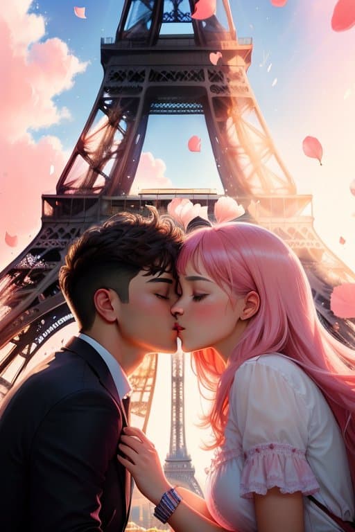 AI generated: Lovers kissing under the huge Parisian Tower, pink petals falling, bright background, bright sky, su...