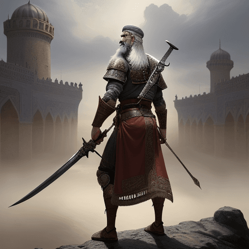 AI generated: A captivating fantasy illustration of a rugged, old Islamic warrior, reminiscent of Salah ad-Din Yus...