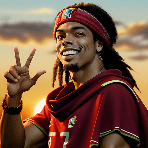 AI generated: Brazilian soccer star Ronaldinho, western setting, red poncho, cape, setting sun in background, smil...