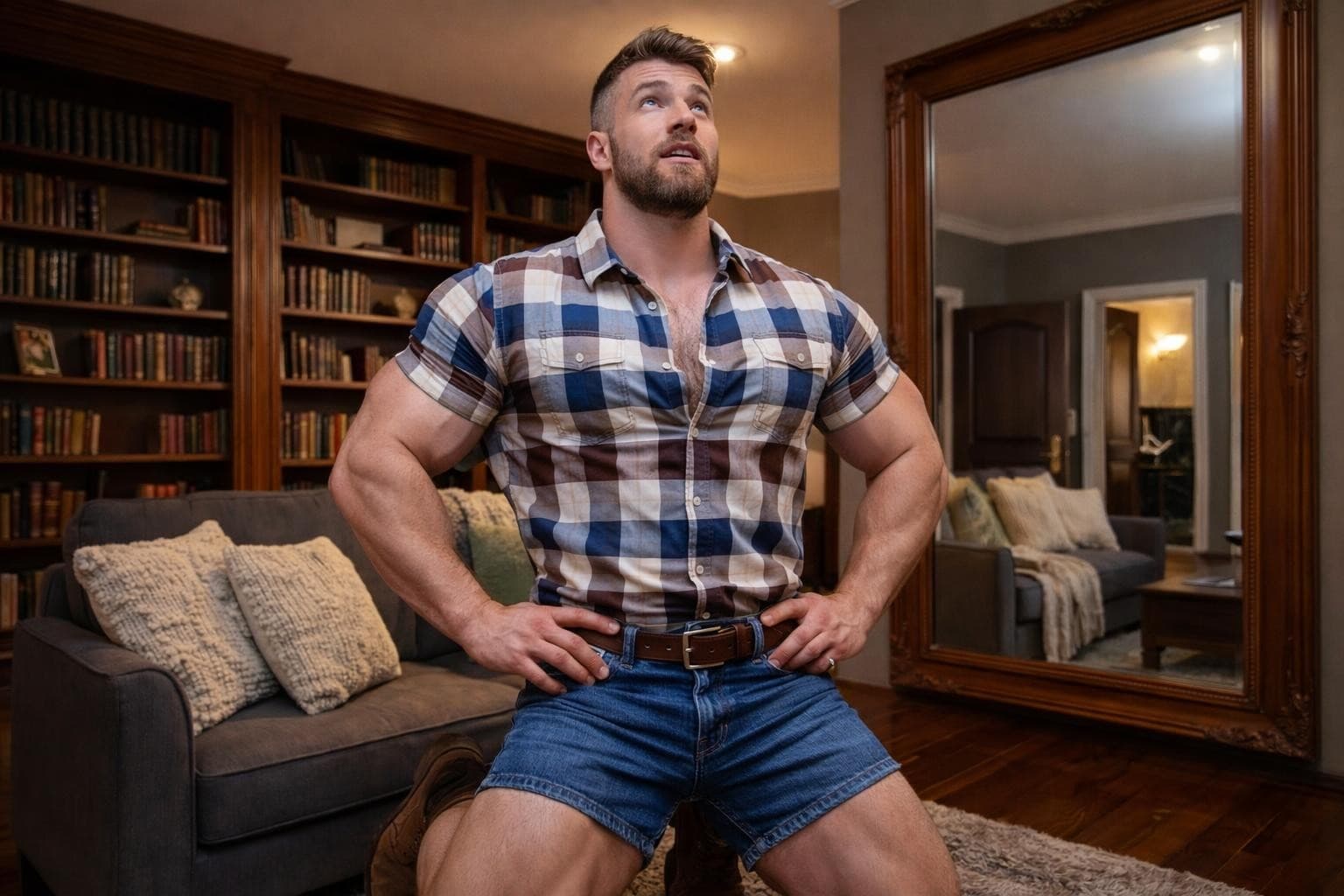 AI generated: The scene is in the room.

The model is standing on his knees. He is looking in awe, his hands are o...