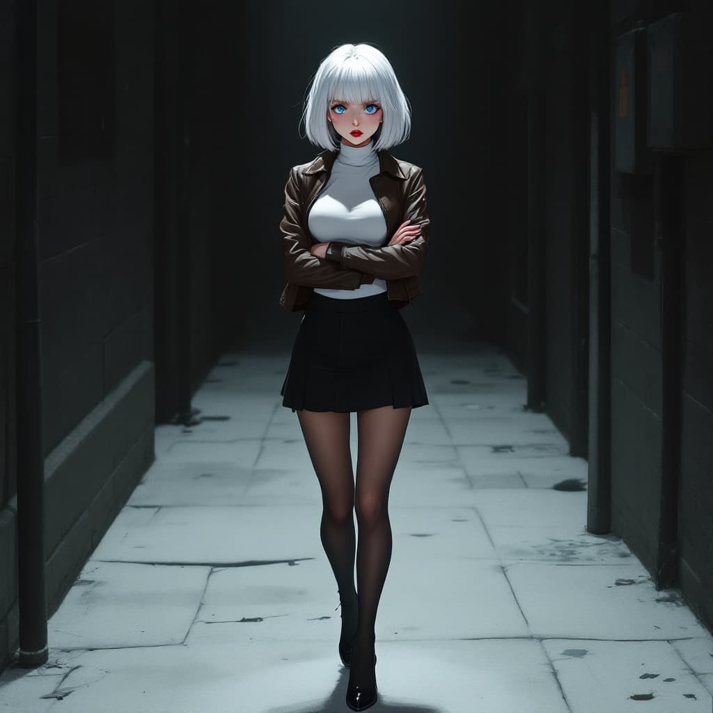 AI generated: anime, woman, white hair, bob cut, blue eyes, freckles, red lips, white turtle neck sweater, tight t...