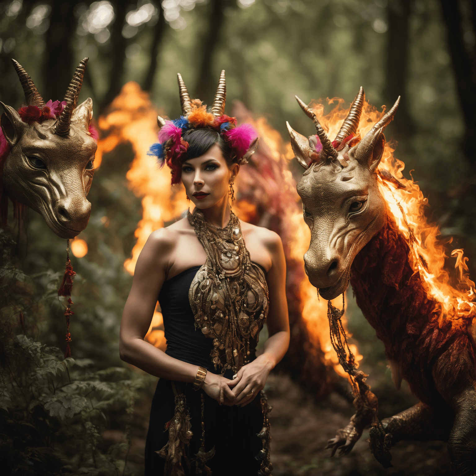 AI generated: close up potrait A fearless 35-year-old mythical beast tamer, adorned with exotic animal companions,...