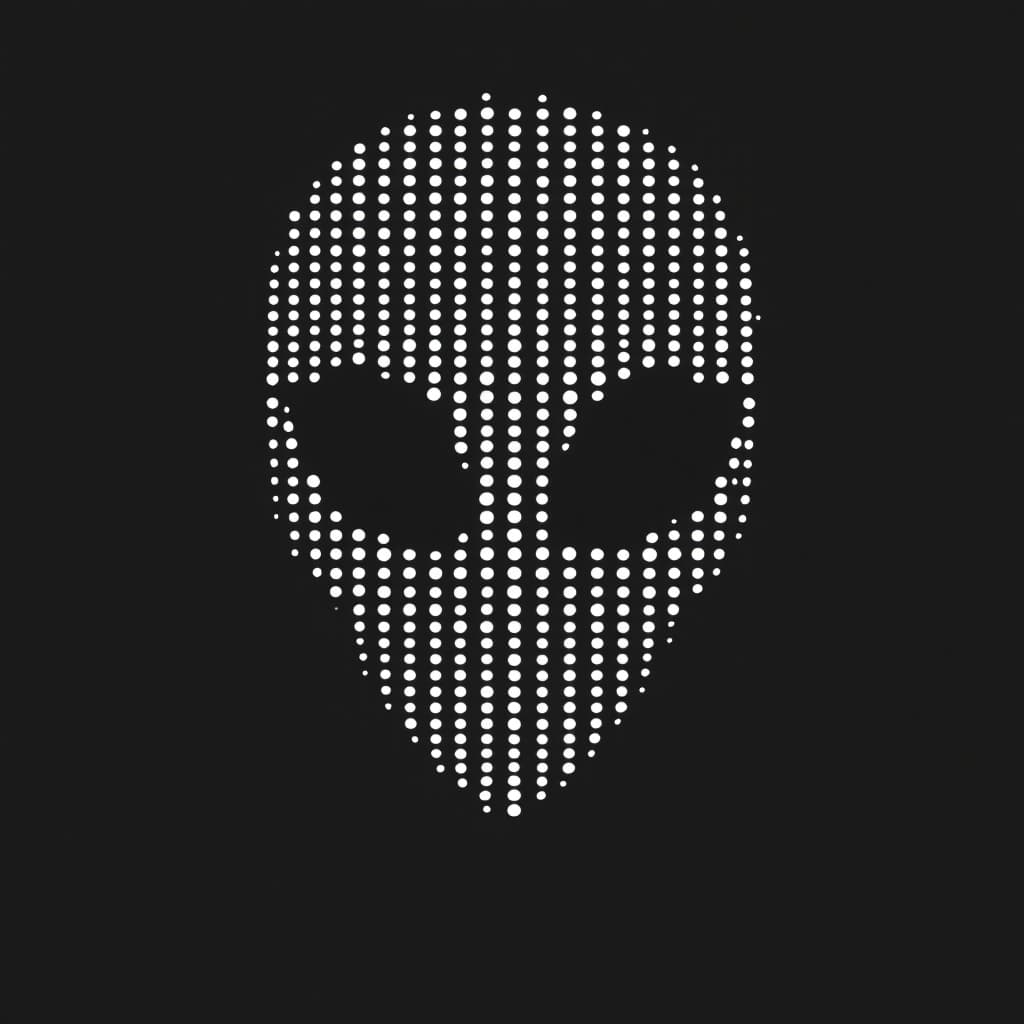 AI generated: a simple white dotted dots forming the shape of an grey alien face, flat design, vector illustration...