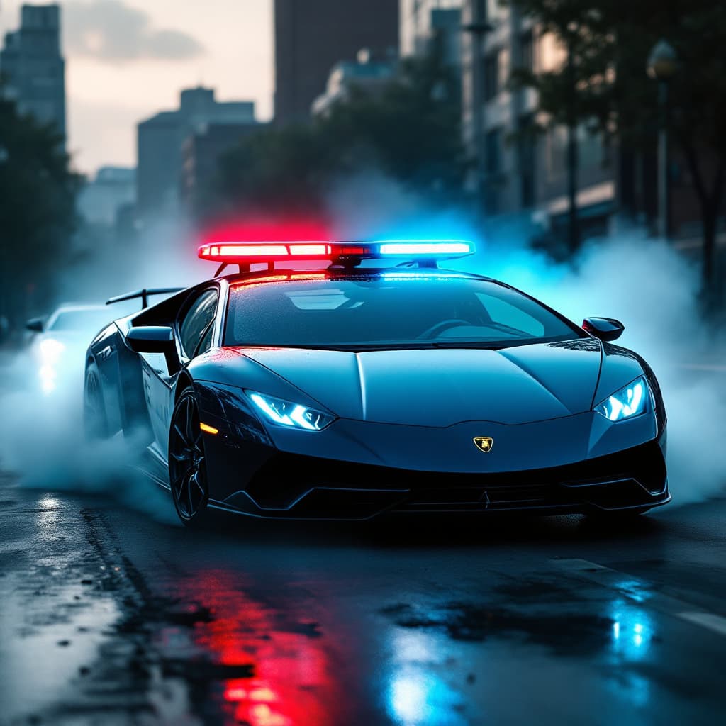 AI generated: a Lamborghini police car,on the street, chaseing other sport car, lighting warning signal,