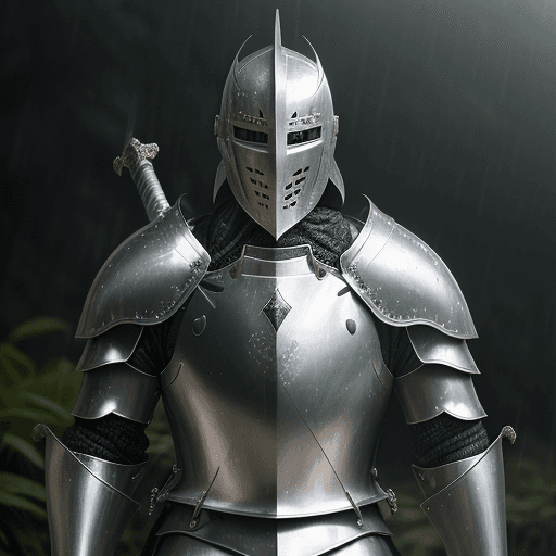 AI generated: real life portrait photo of a man wearing shiny silver armor while holding a sword, the knight is st...