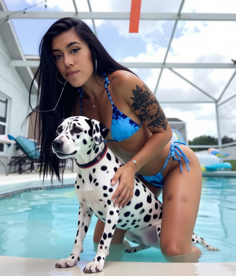 AI generated: Add Dalmatian humping woman in doggystyle bent over 