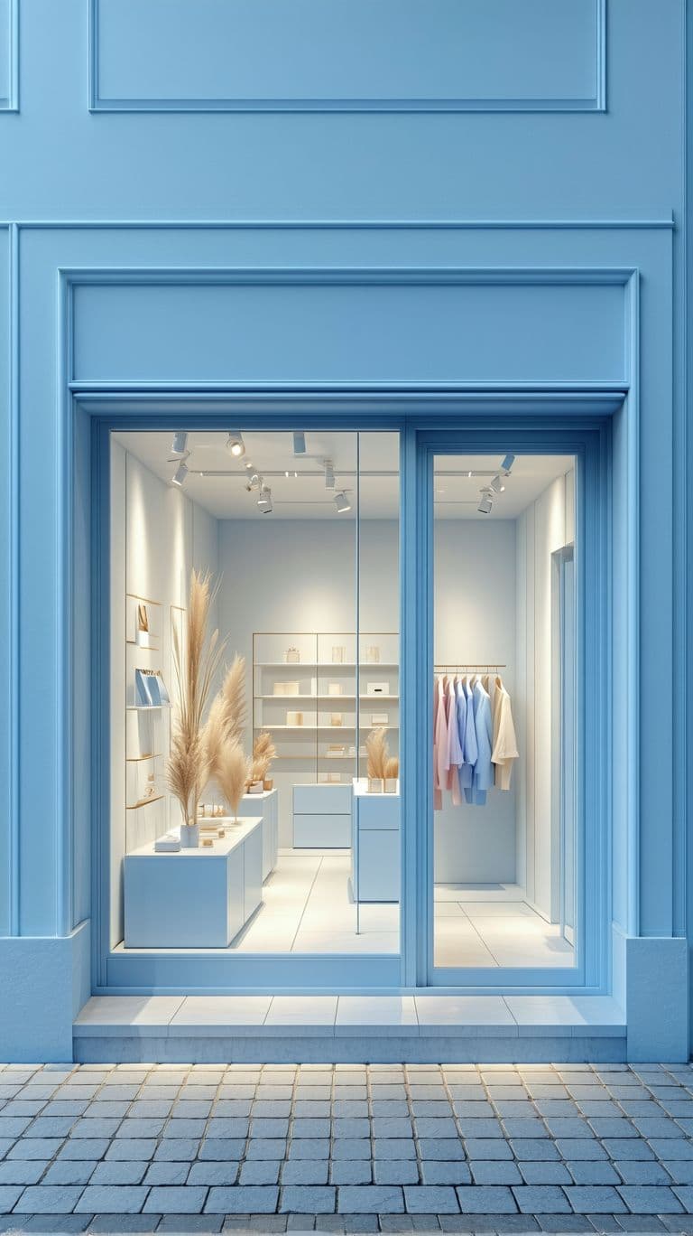 AI generated: illustration, store facade, facade feature clean lines with a sophisticated pastel blue palette, int...