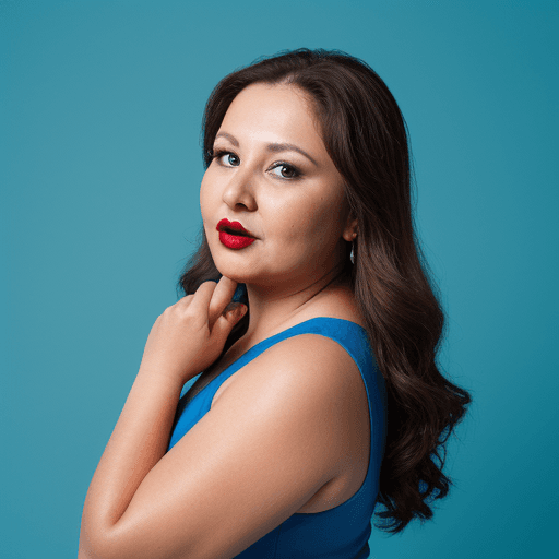 AI generated: 40 year old woman, brown long hair, HR, chubby, lipstick, photo studio with blue background