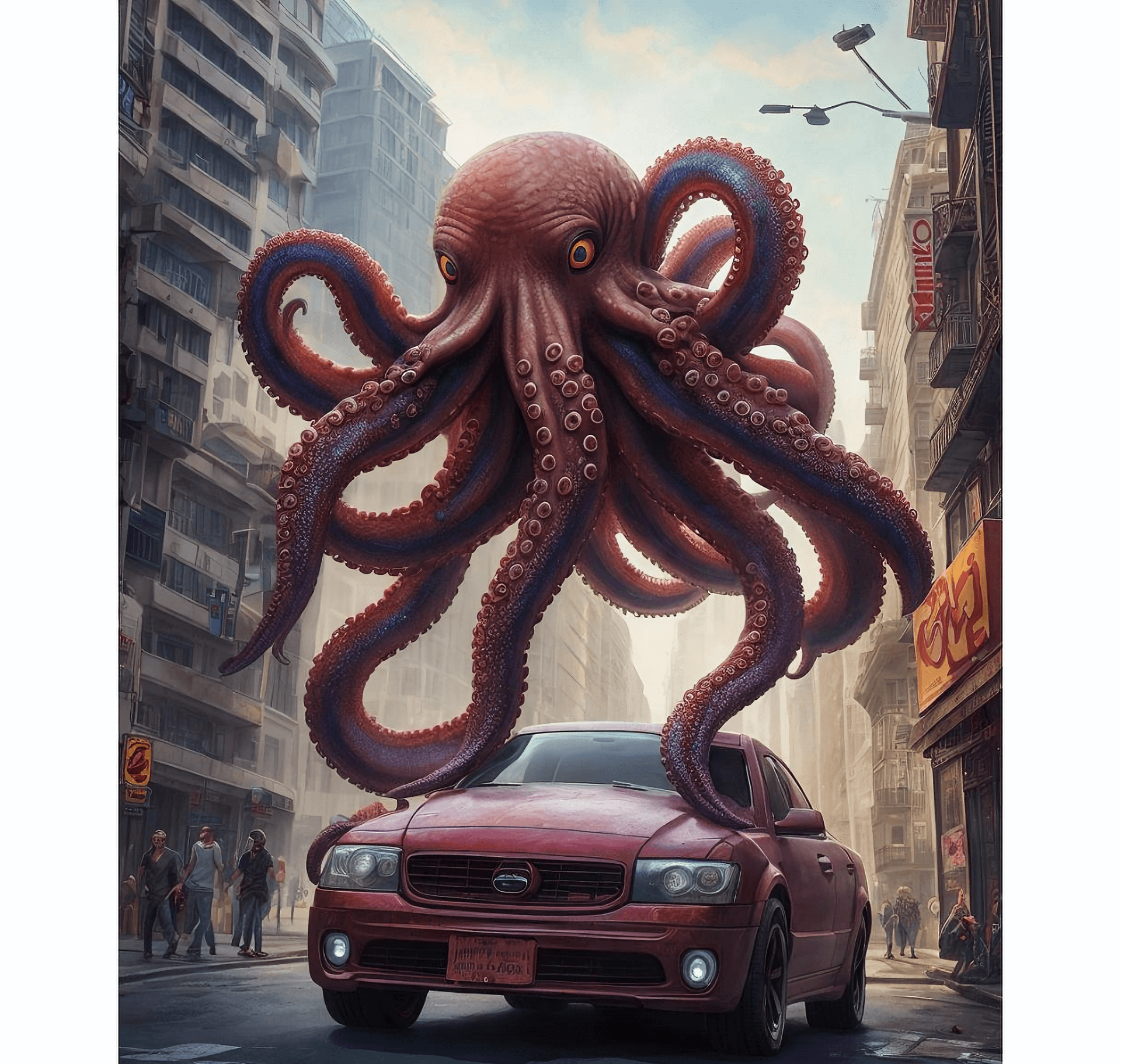 AI generated: realistic art of giant angry octopus occupying all spaces on the street, street scenery with buildin...