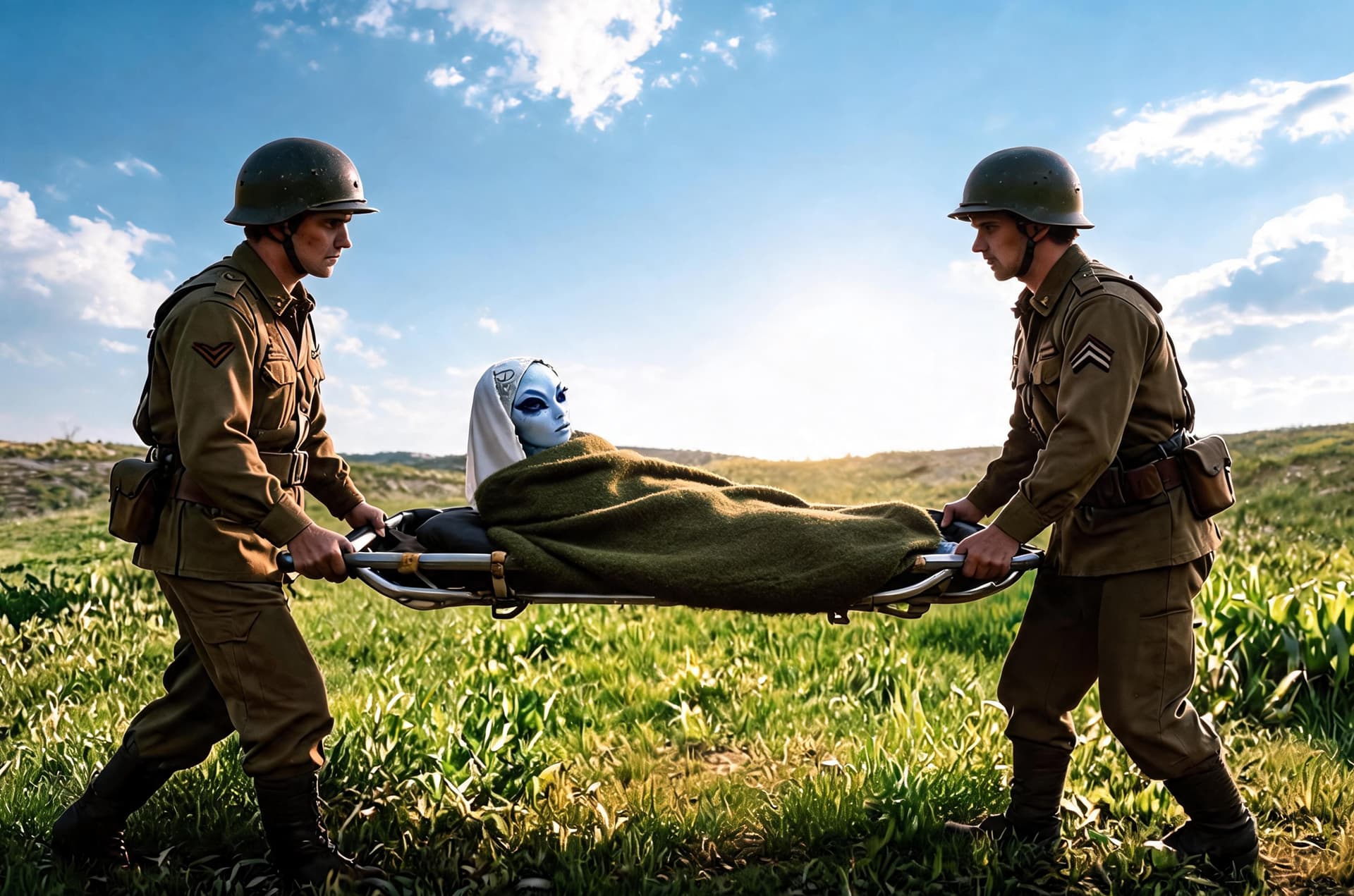 AI generated: The reference image is weak. Cover the female with an army blanket.