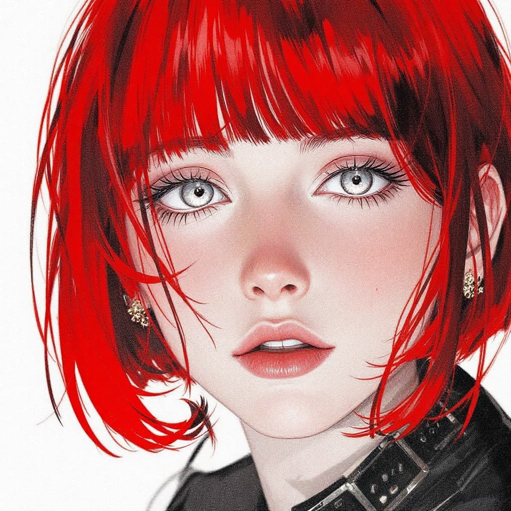 AI generated: by mika pikazo, bright eyes, with white skin, red bobcut by mikapikazo, by mikapikazo