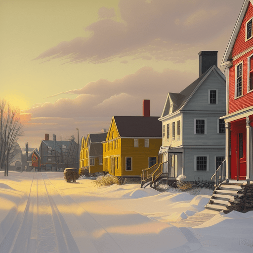 AI generated: A high resolution oil painting, winter, style of Lawren Harris, colonial houses, yellow and red bric...