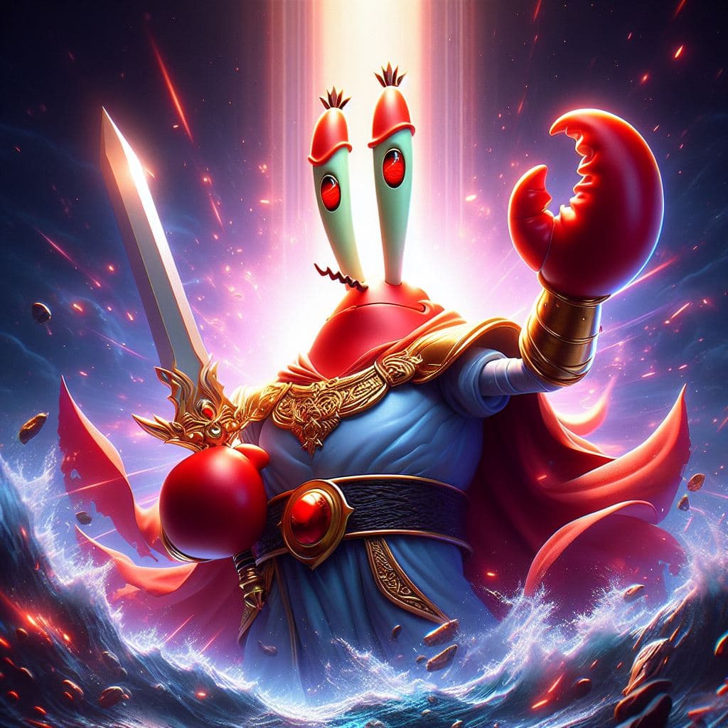 AI generated: Mr. Crab is the mightiest god with a sword, red eyes, heroic pose, divine and celestial light, maste...
