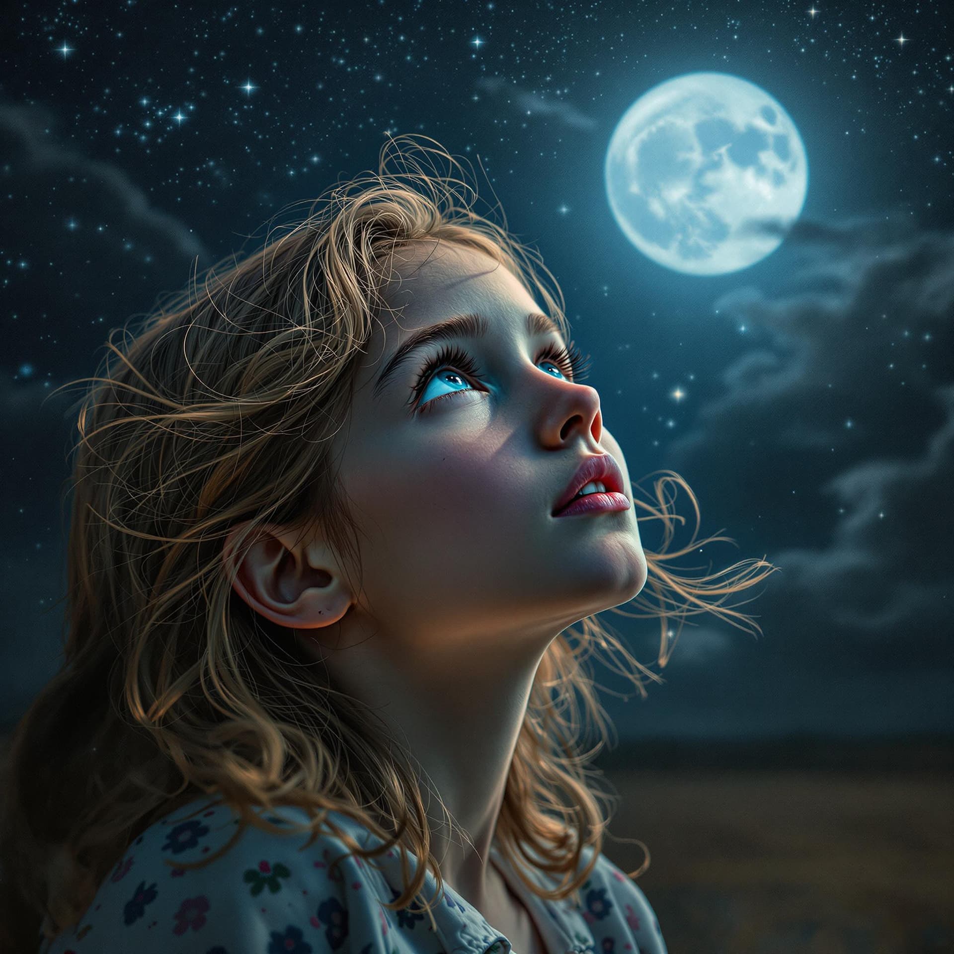 AI generated: High-resolution photography of a young girl with beautiful blue eyes staring up at the moon; 8k, int...