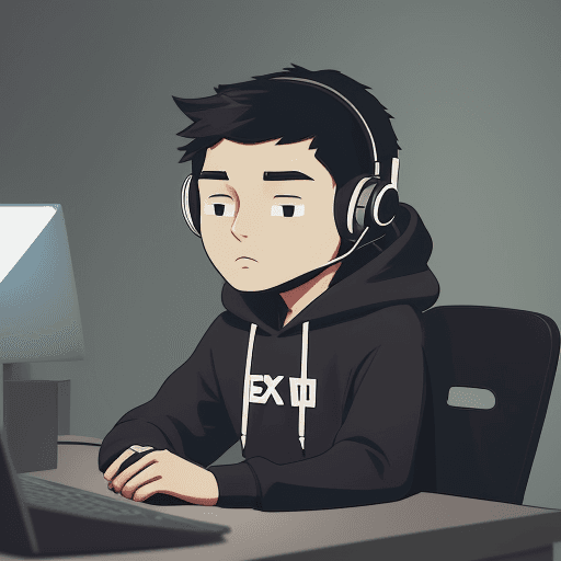 AI generated: Create character with headphones and hoodie , sitting on chair at desk in a dimly lit room, looking ...
