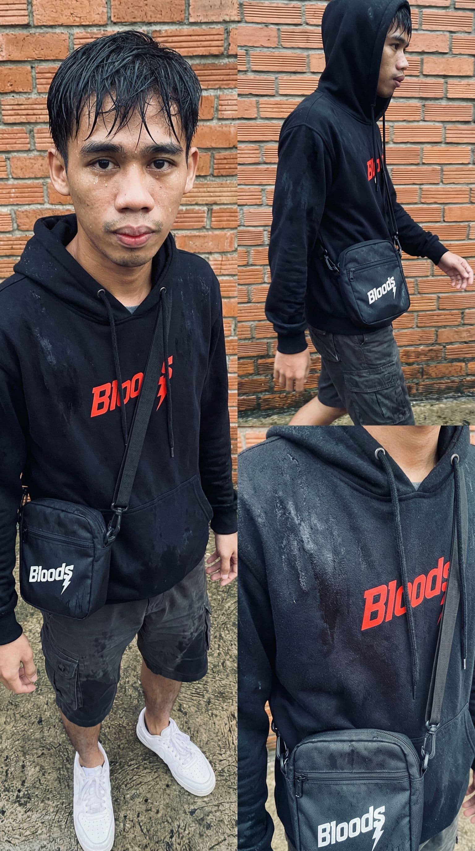 AI generated: Make the man in the photo look like he's been caught in the rain, half wet, wearing a black hoodie w...