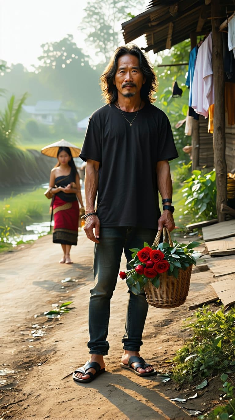 AI generated: full body view of a 40-year-old Indonesian man with long, messy wavy hair wearing black t-shirt and ...