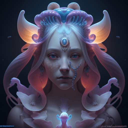 AI generated: Goddess close-up portrait ribcagel. jellyfish phoenix head, nautilus, orchid, skull, betta fish, bio...