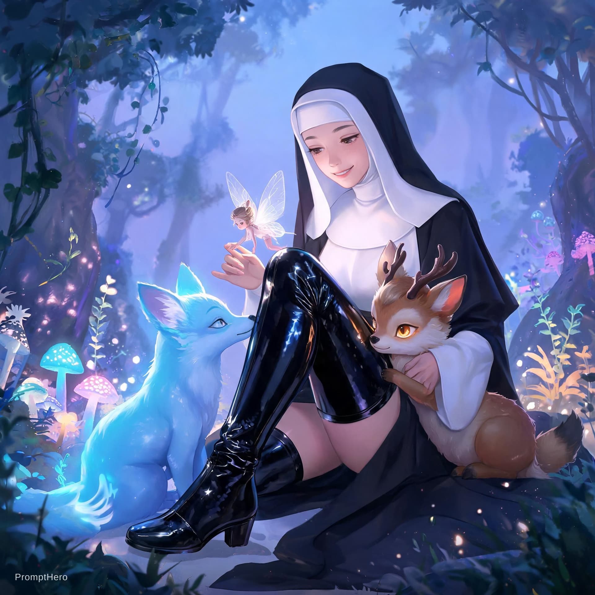 AI generated: nun with shiny black boots got her boots licked by two vicious goblins
