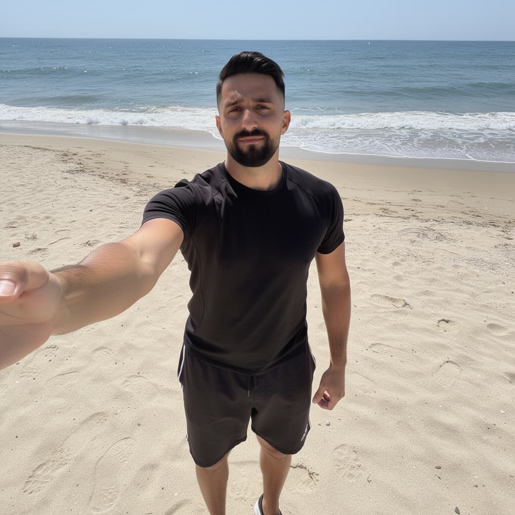AI generated: A beautifull man at the beach without t-shirt, using a black speedo; His chest is hairy and he's wea...