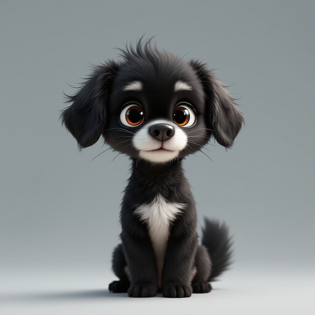AI generated: um cachorro preto 
 peludo fofo de desenho animado bem-humorado, com fundo branco 
com uma roupa fem...