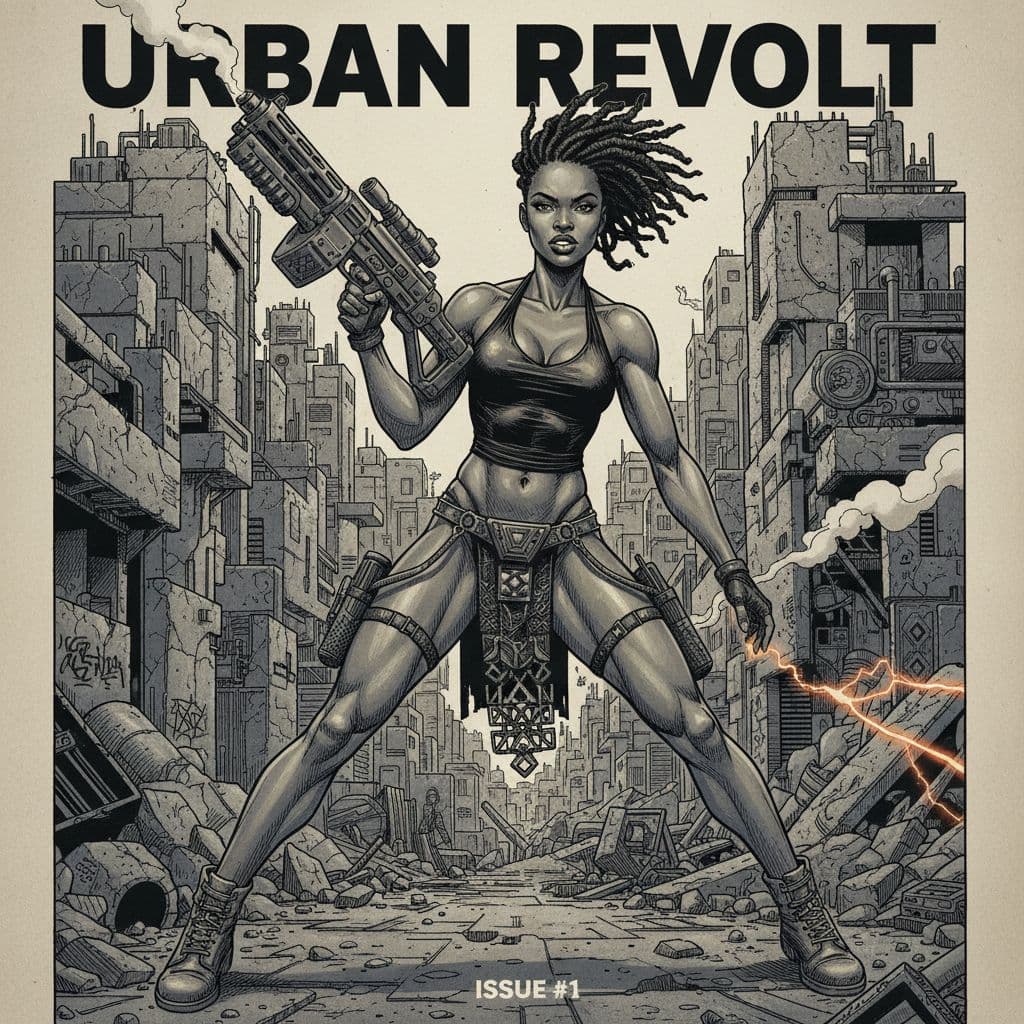 AI generated: Comic book cover illustration, full body shot of young beautiful African American woman, top model f...