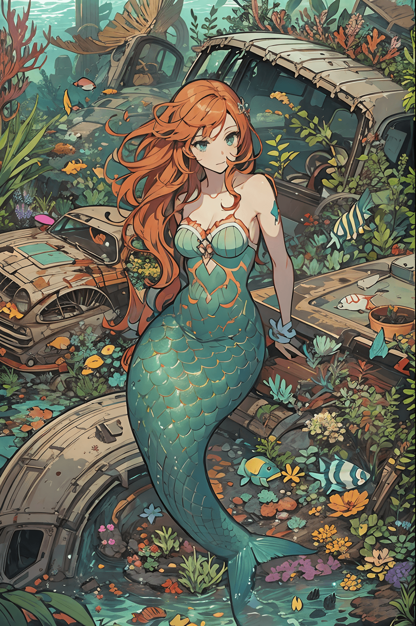AI generated: in an aquarium, a mermaid with terracotta hair in a path between chaos plants, destroyed cars like j...