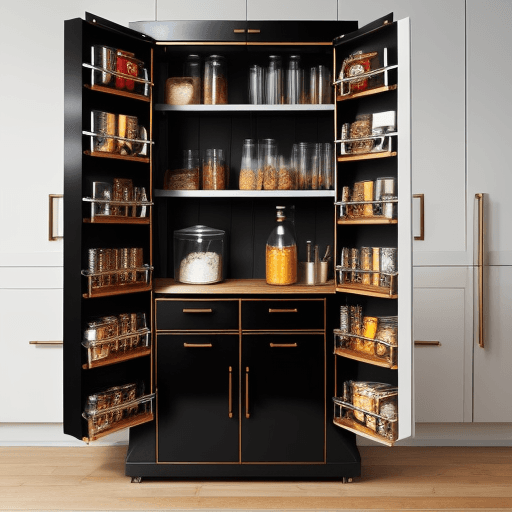 AI generated: A lacquered wood and metal breakfast pantry furniture, modern yet with a classic bar-like appearance...