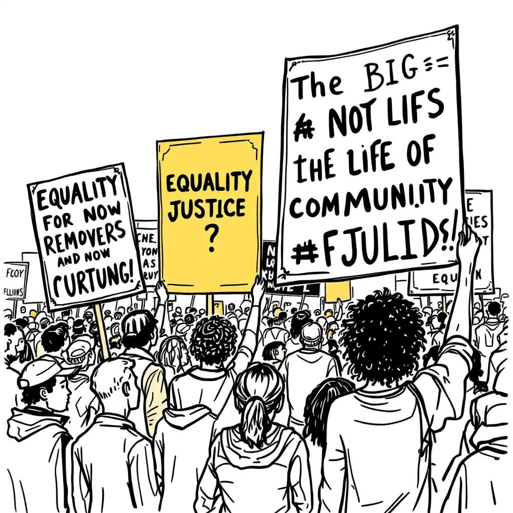 AI generated: list 2 linework illustration of a community rally with people holding 6 big posters advocating for e...
