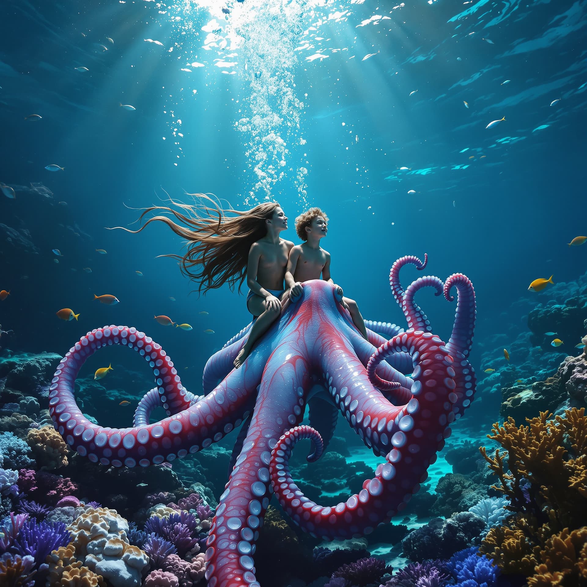 AI generated: Surreal, psychedelic. A young boy and girl with their long hair being pulled by the water current in...