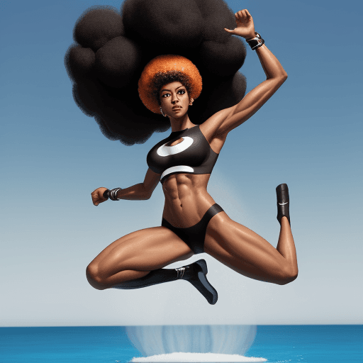 AI generated: a vibrant 6 foot tall fit black girl  with abs and an afro,  hairstyle , she  floats is floating off...