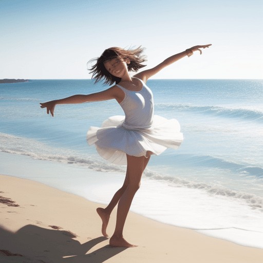 AI generated: An image of a girl dancing on a sunny beach