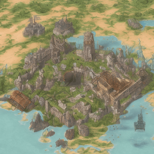 AI generated: Map of an island with steampunk city to the east,  medieval city west, small port town with a wizard...