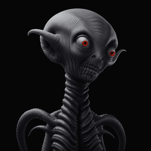 AI generated:  high quality foto of a black grey scary alien, close eyes, without eyes, without mouth, long tentac...