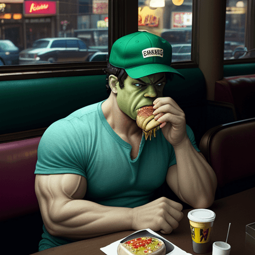 AI generated: a lonely and depressed hulk wearing a baseball cap eating a hamburger and fries beside the window in...
