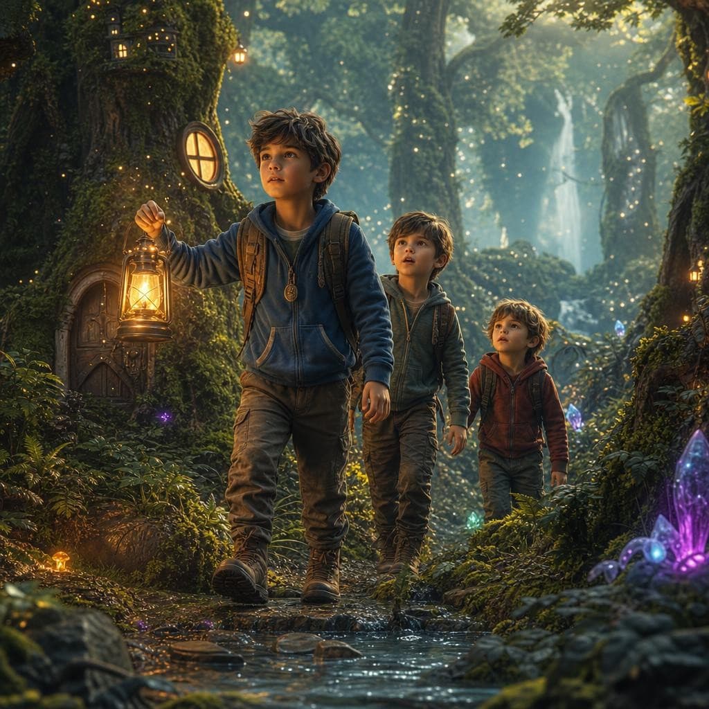 AI generated: “3 brave little boys, all brothers, aged 10, 8 and 6 are exploring an enchanted forest, 3D render, c...