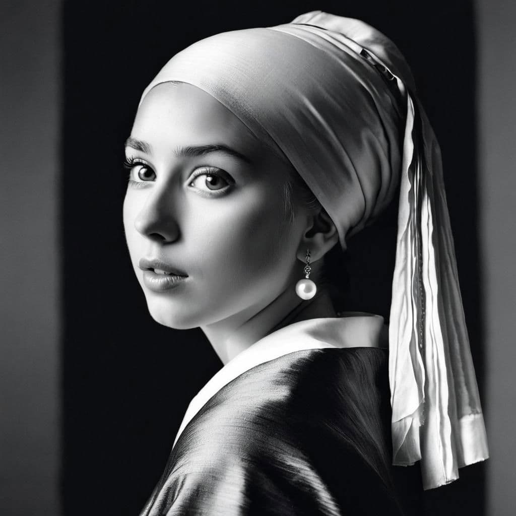 AI generated: modern contemporary black and white photograph of girl with a pearl earring, fine details