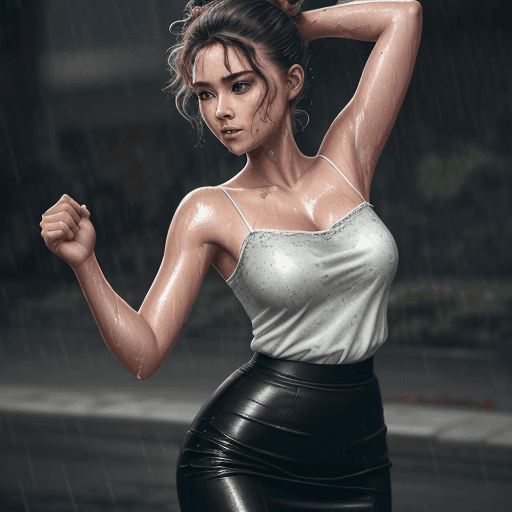 AI generated: A beautiful lady wearing a camisole and pencil skirt, dancing in heavy rain, face and body are wet, ...