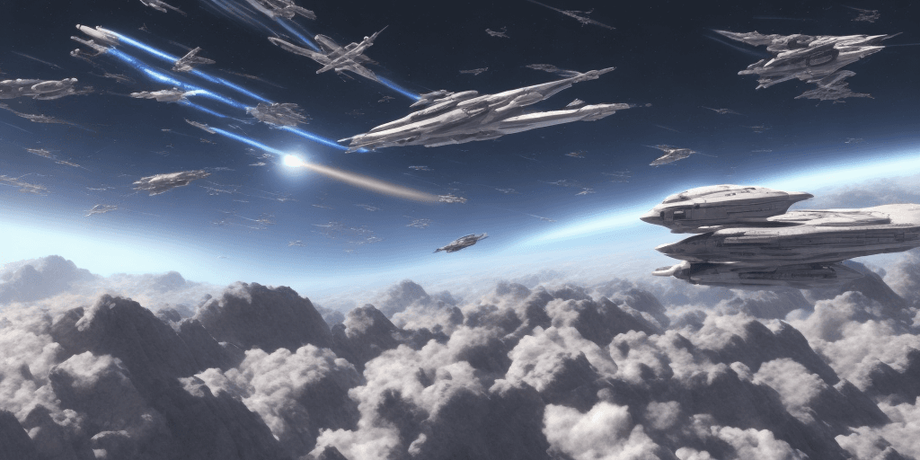 AI generated: 3D Modeling, Space, A massive spaceship orbiting over a planet, lots of small fighter craft fly arou...