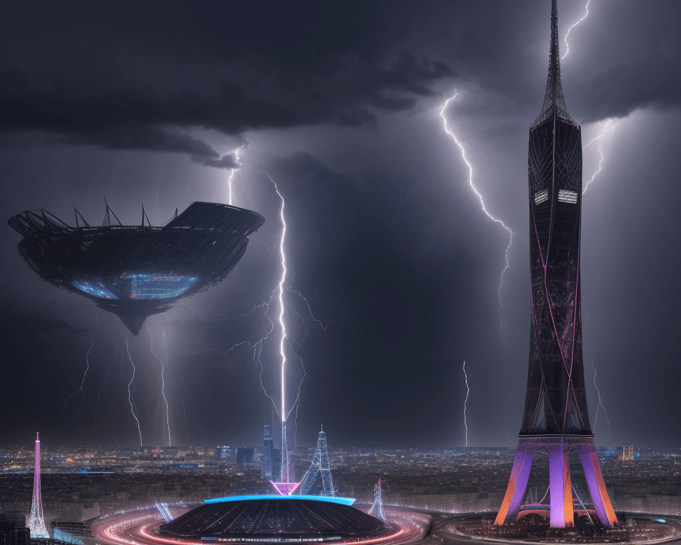 AI generated: Grand Olympic stadium Paris 2024 in the throes of a thunderous climax, streaks of lightning punctuat...