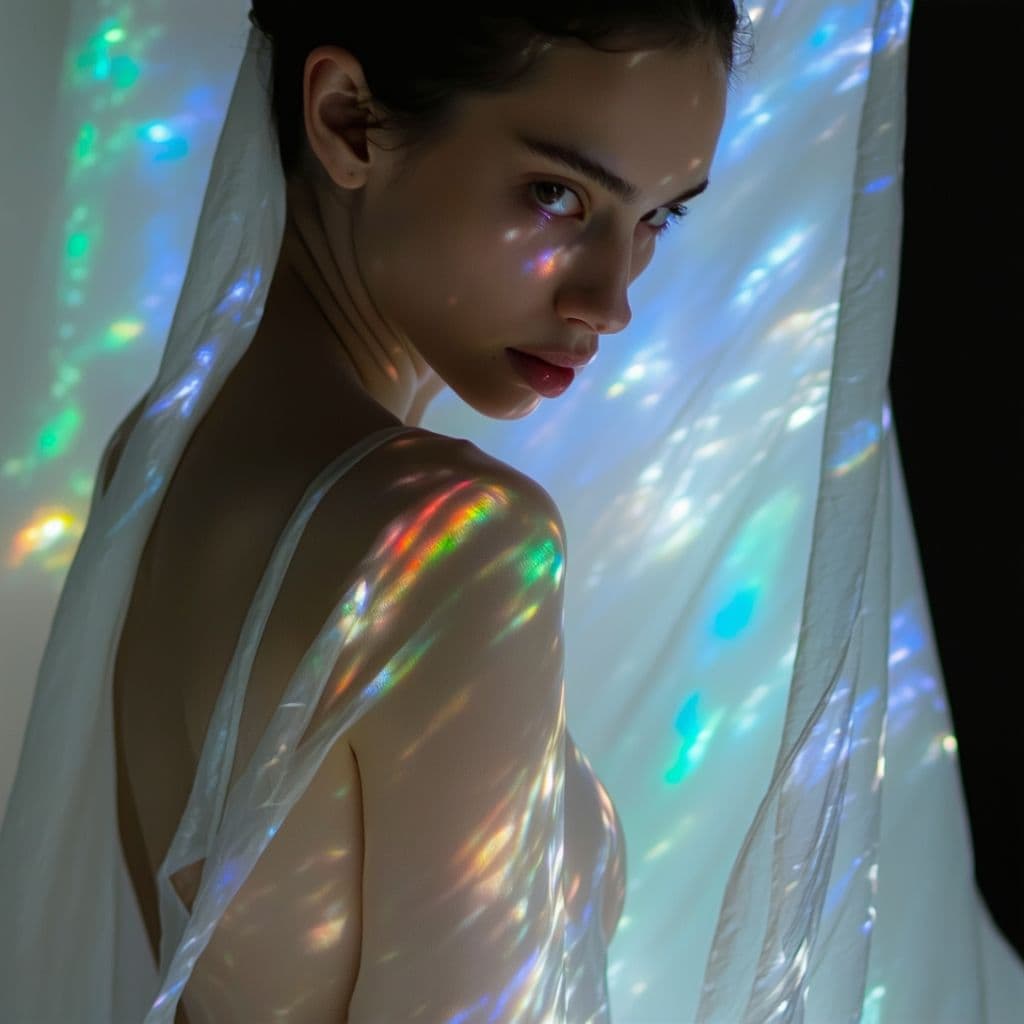 AI generated: A close-up captures a mesmerizing woman in an intimate, low-lit setting. She wears an ultra-sheer, f...