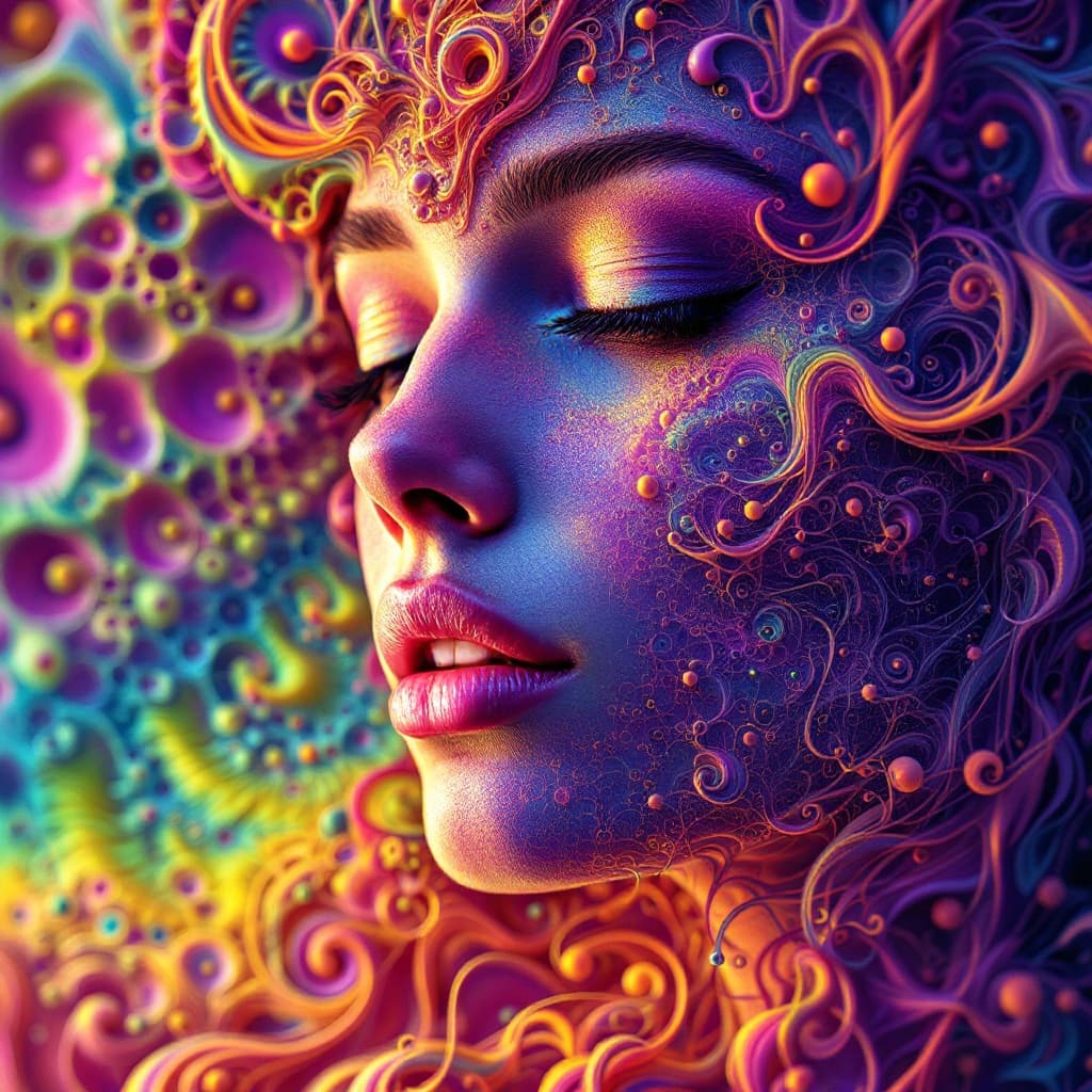 AI generated: A colorful fractal image of a womans face in psychedelic flowing fractals. The fractals are also par...