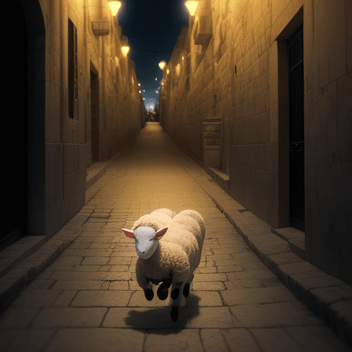 AI generated: a baby lamb running and laughing, streets of jerusalem, dark lights, cinematic, hyper realistic, det...