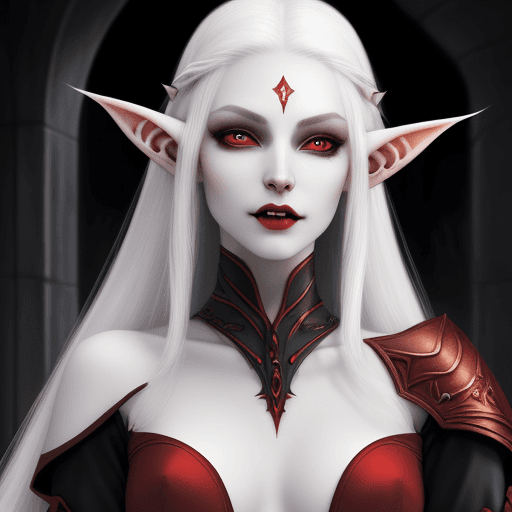 AI generated: Altmer elf woman, white long hair, pale skin, vampire fangs, beautiful, pointy short ears, red eyes,...