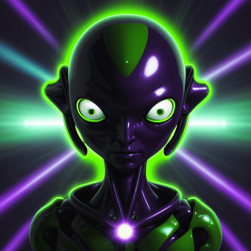 AI generated: pictures of extraterrestrials, their body color is green, and their eyes are purple, shiny, like a b...