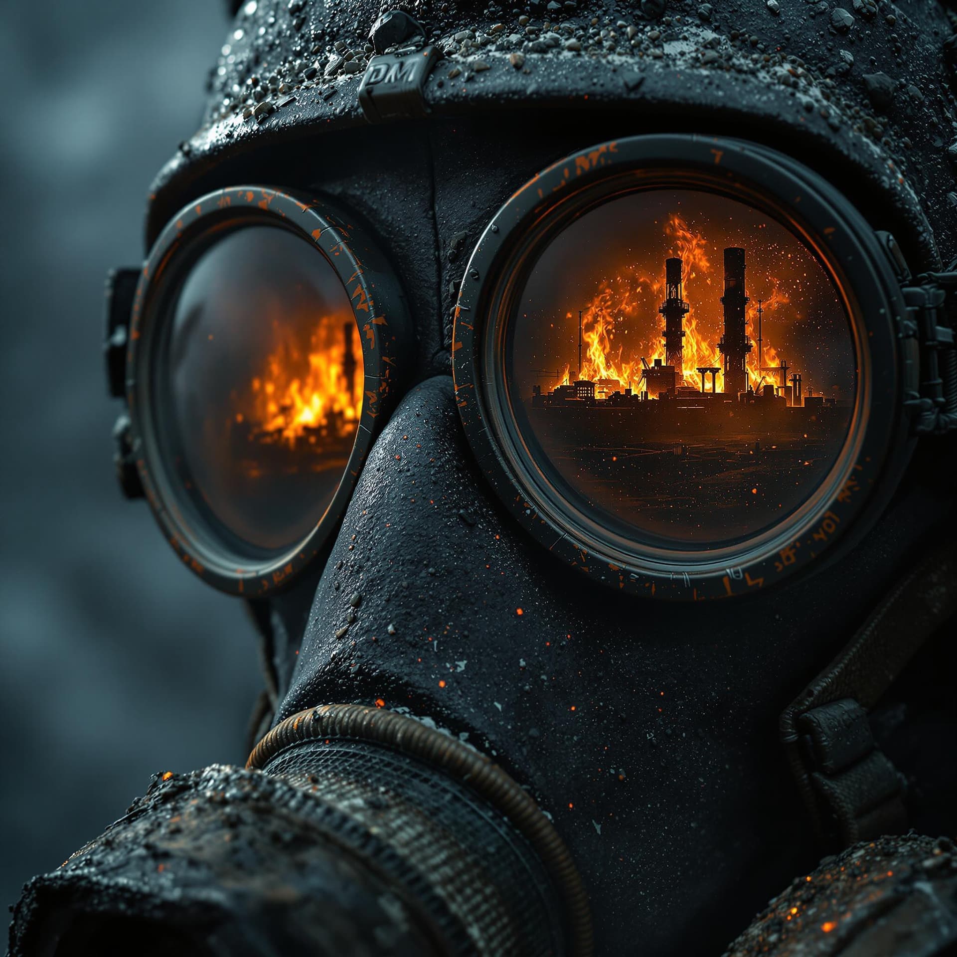 AI generated: A close-up shot of a Chernobyl liquidator's gas mask, filling the frame with gritty, realistic detai...